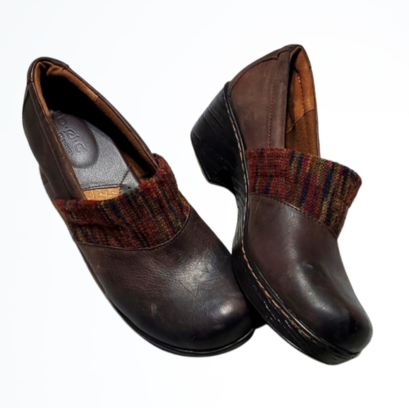 Born Shoes Born Boc Brown Leather Slipon Mules With Cloth Upper